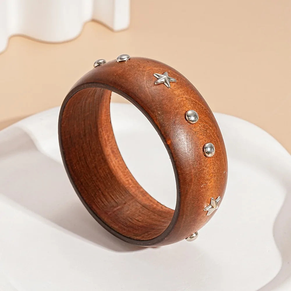Chinese Style Wooden Bangle – Punk Y2K Wide Rivet Bracelet Wooden Bangle Bracelet PLUSH Style F