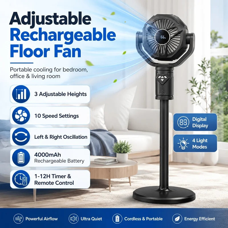 Rechargeable Standing Fan – 10-Speed Oscillating, Remote Control Rechargeable Floor Fan PLUSH