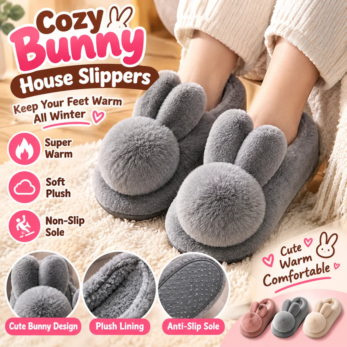 Cozy Bunny Plush House Slippers – Faux Fur Women's Indoor Shoes Plush House Slippers PLUSH