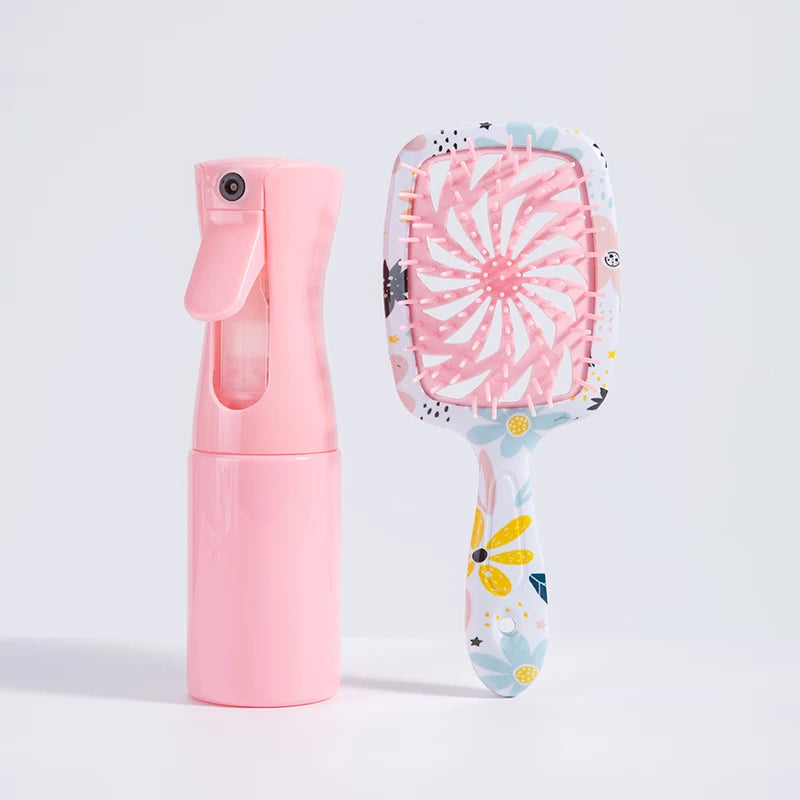 2-Piece Hair Styling Set: Fine Mist Spray Bottle & Detangling Brush Hair Styling Set PLUSH Pink set