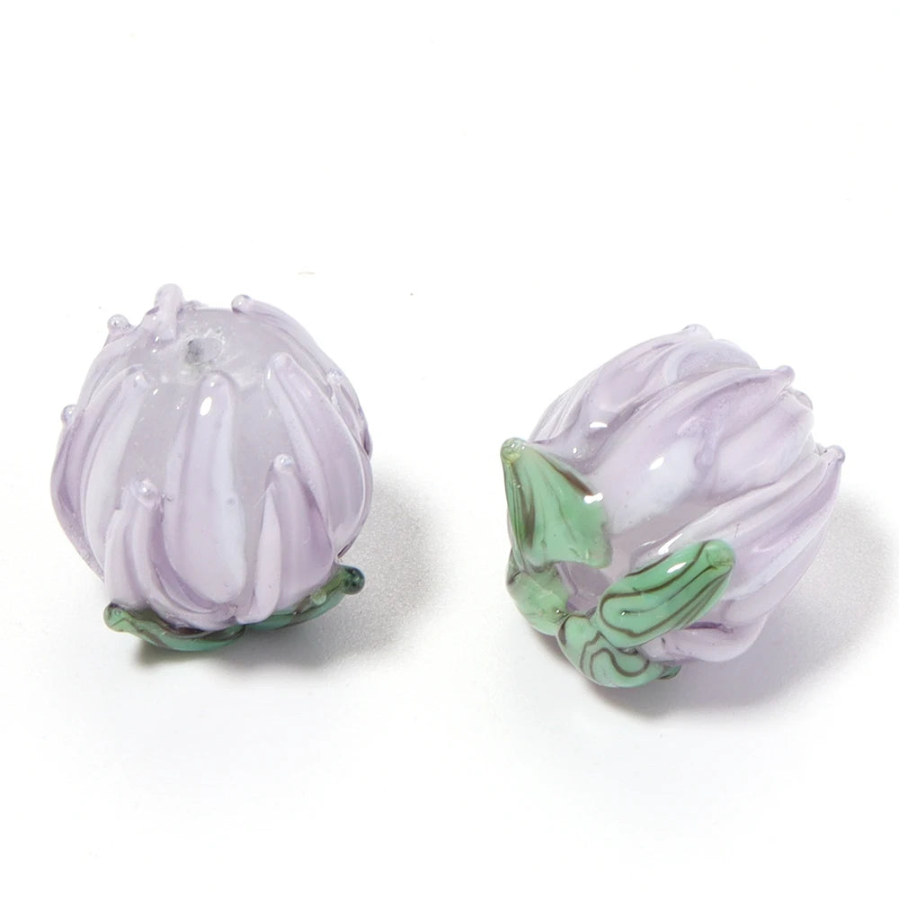 Tulip Lampwork Glass Spacer Beads – Multicolor DIY Jewelry Lampwork Glass Beads PLUSH purple gray x 2pcs