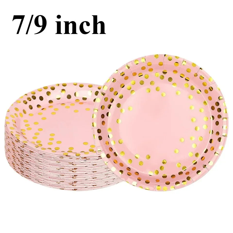 Pink Gold Foil Dot Disposable Paper Plates 7/9 Inch Party Disposable Party Plates PLUSH