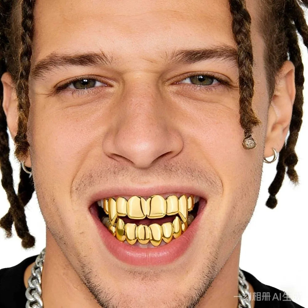 Hip Hop Teeth Grillz Top & Bottom Set – 18K Gold Fangs Costume Teeth Grillz PLUSH