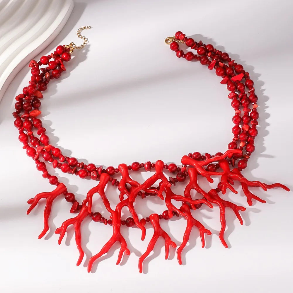 Multi-Layer Beaded Coral Necklace | Boho Beach Choker Beaded Choker Necklace PLUSH