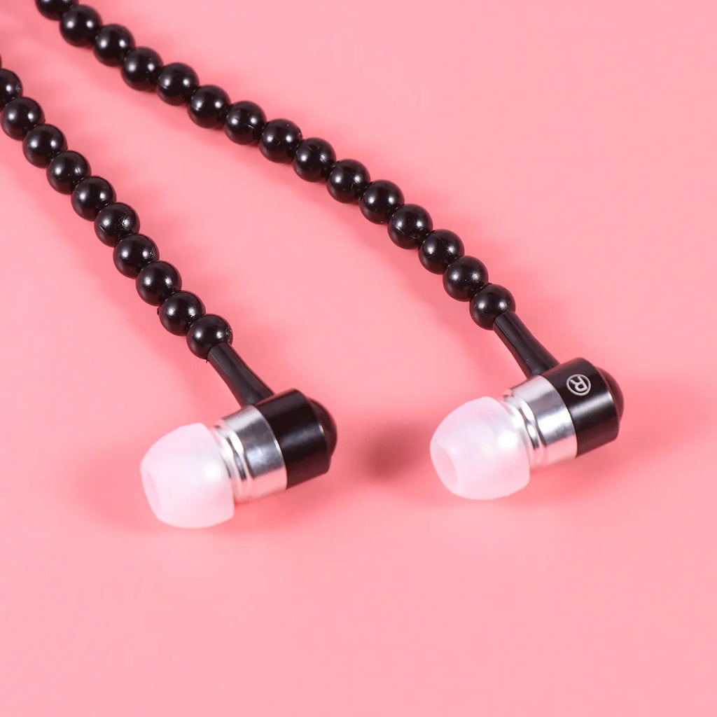 Pearl Chain Wired Earphones with Mic – Necklace Style Earbuds Wired In-Ear Earphones PLUSH