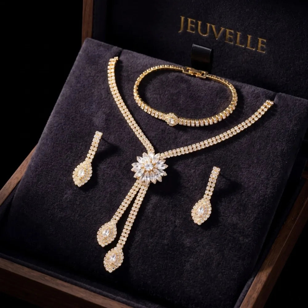Vintage Crystal Flower Tassel Bridal Jewelry Set – Necklace, Earrings & Bracelet Bridal Jewelry Set PLUSH