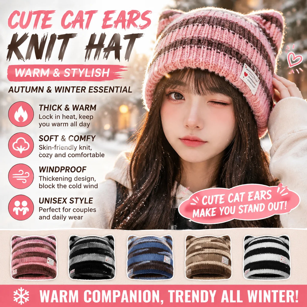 Cute Cat Ears Striped Knit Beanie – Warm Winter Hat Knit Beanie Hat PLUSH