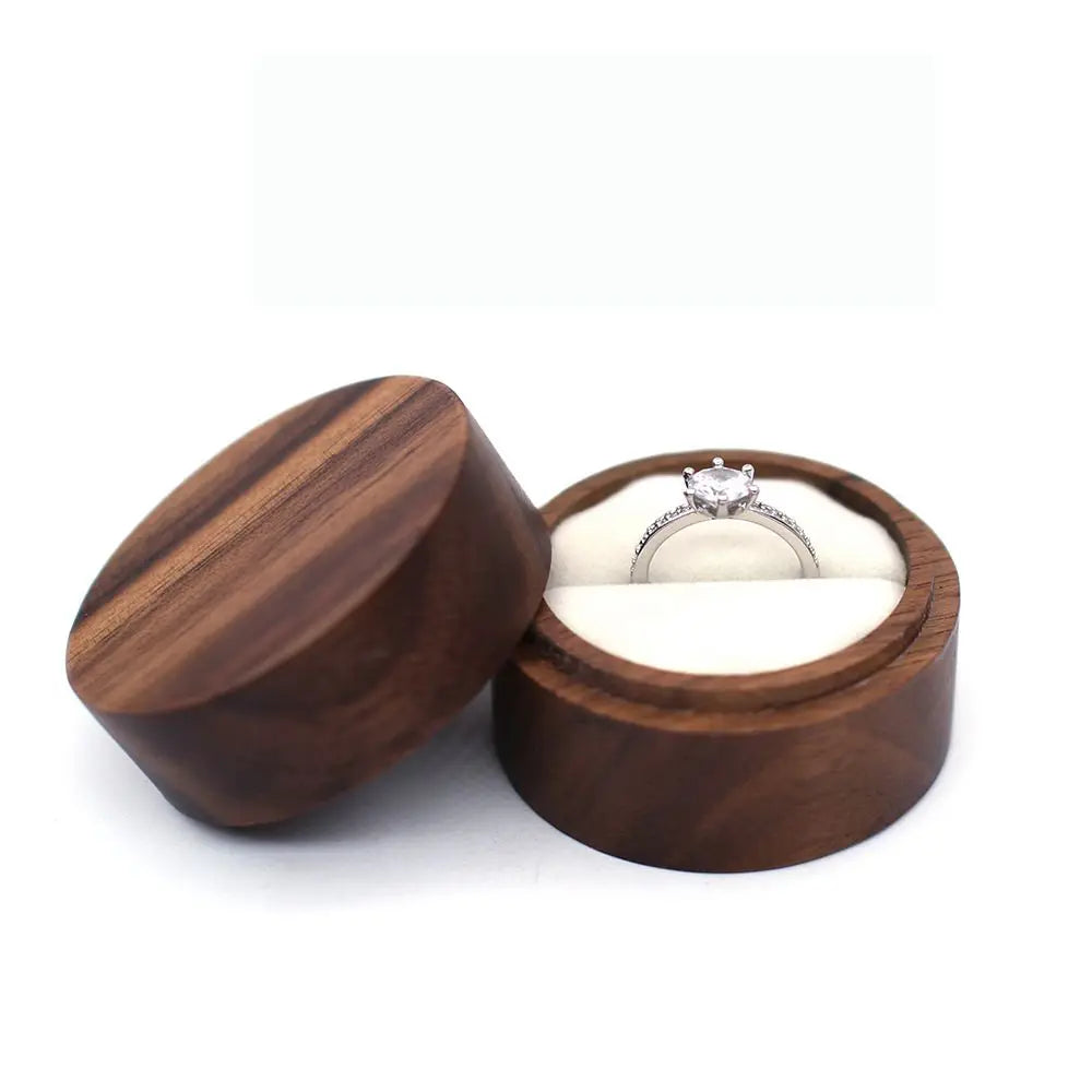 Round Walnut Wood Ring Box – Engagement & Jewelry Gift Case Jewelry Gift Box PLUSH -3
