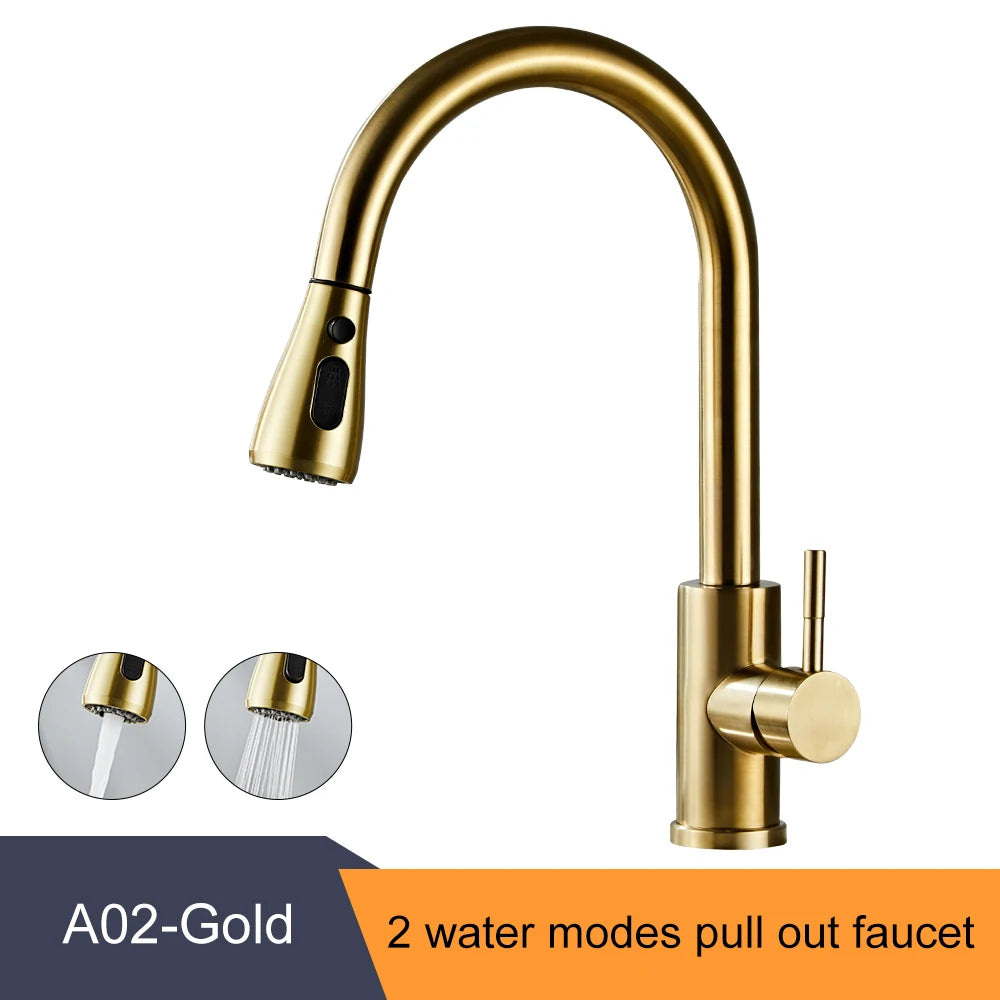 Pull Out Kitchen Faucet Single Handle Hot Cold Mixer Tap Kitchen Faucet PLUSH A02-Gold G3/8