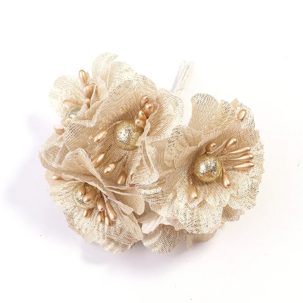 6pcs Fabric Camellia Artificial Flowers – DIY Hair & Decor Artificial Craft Flowers PLUSH Gold