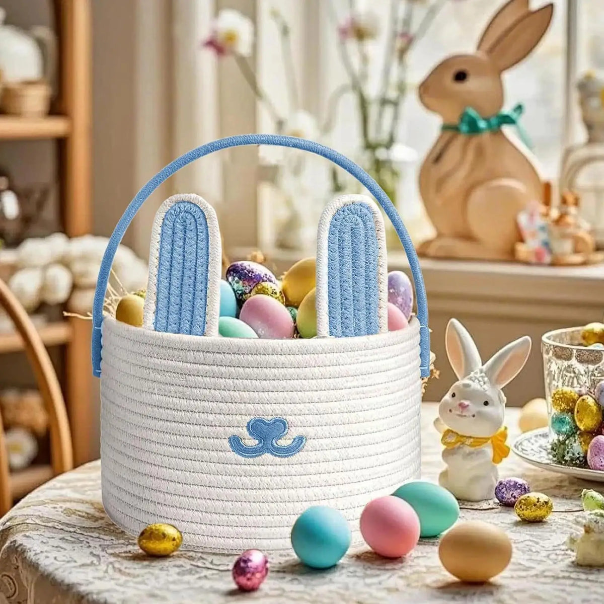 Easter Bunny Woven Cotton Rope Basket – Kids Egg Hunt Bag Easter Gift Basket PLUSH