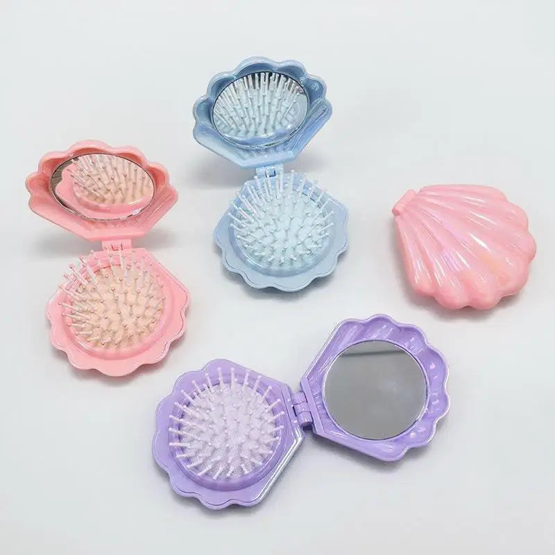 Shell Folding Airbag Hair Brush with Mirror – Anti-Static Comb Folding Hair Brush PLUSH