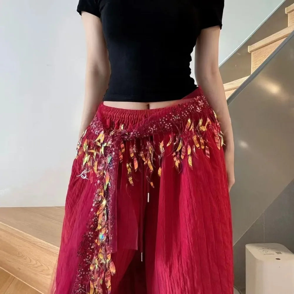 Y2K Sequin Tassel Hip Scarf Belt – Jazz Dance Streetwear Tassel Hip Scarf Belt PLUSH Wine Red