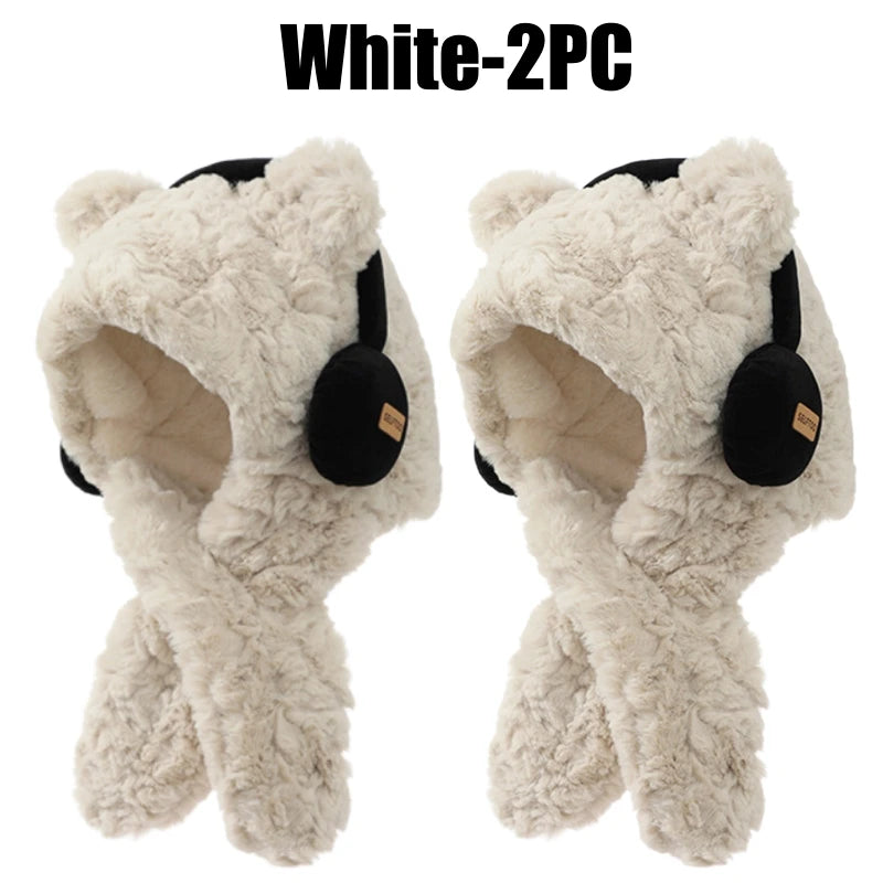 Women's Bear Ear Hat & Scarf Set – Fleece Lined Winter Hood Winter Hat Scarf Set PLUSH White-2PC