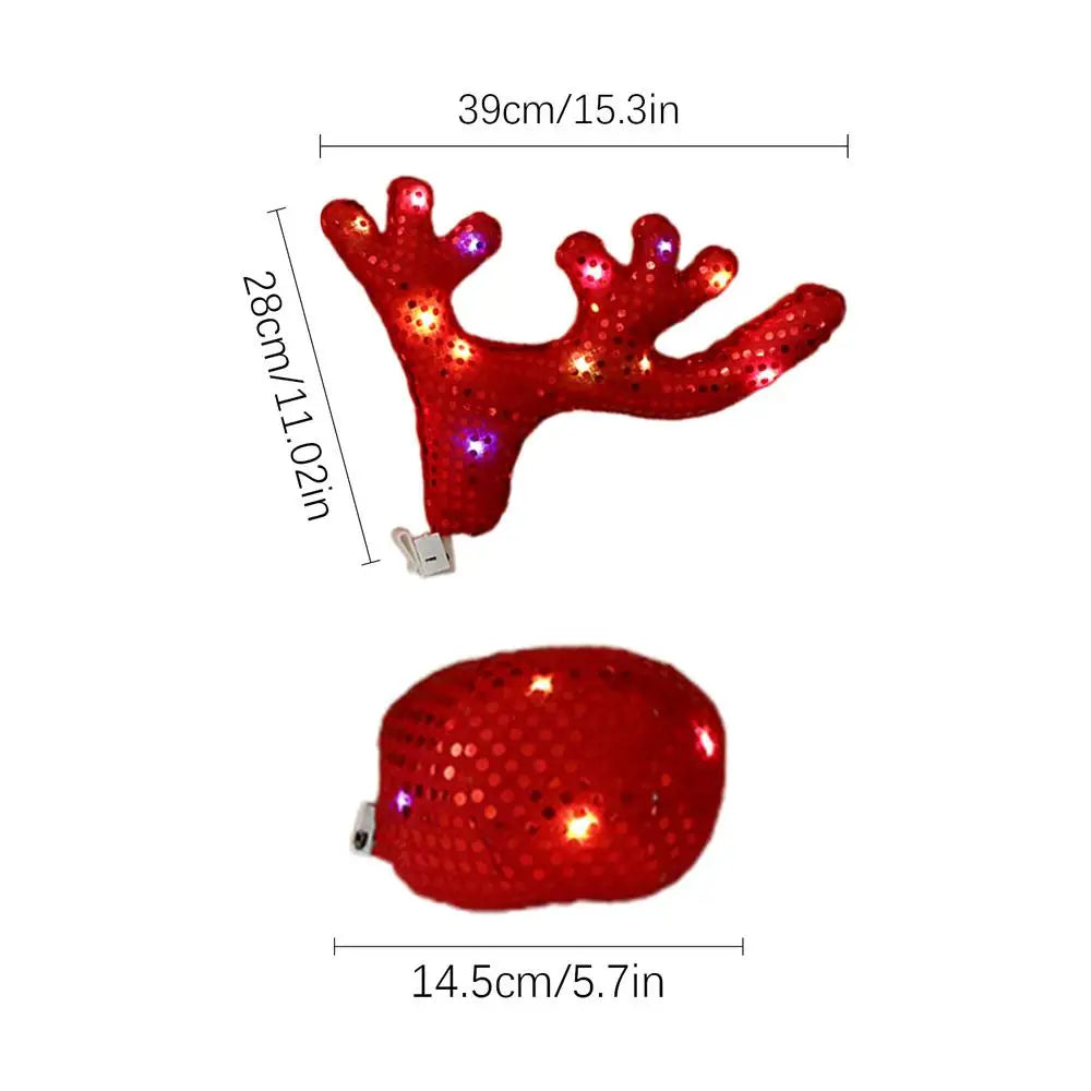 LED Reindeer Antlers Christmas Car Decoration Kit | Glowing Car Holiday Decoration PLUSH Red