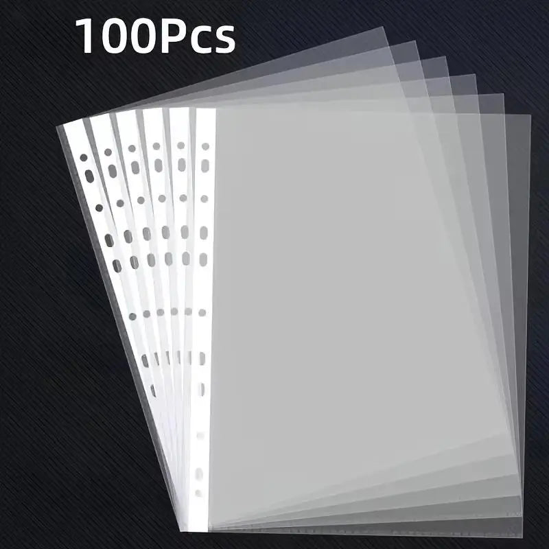 100pcs Clear A4 File Folders – 11-Hole 3-Ring Binder PP Sleeves Document File Sleeves PLUSH