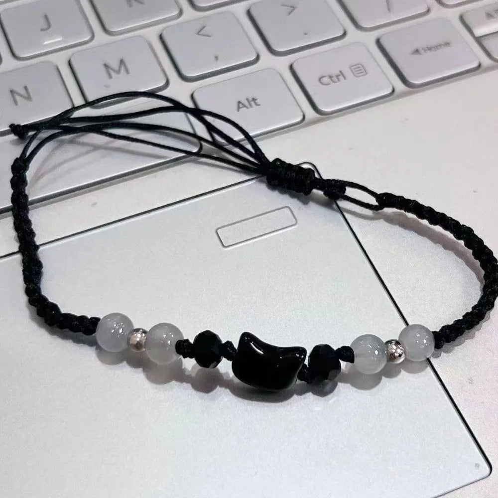 Rabbit Cat Beaded Bracelet – Moonstone Obsidian Friendship Gift Beaded Bracelet PLUSH Style A