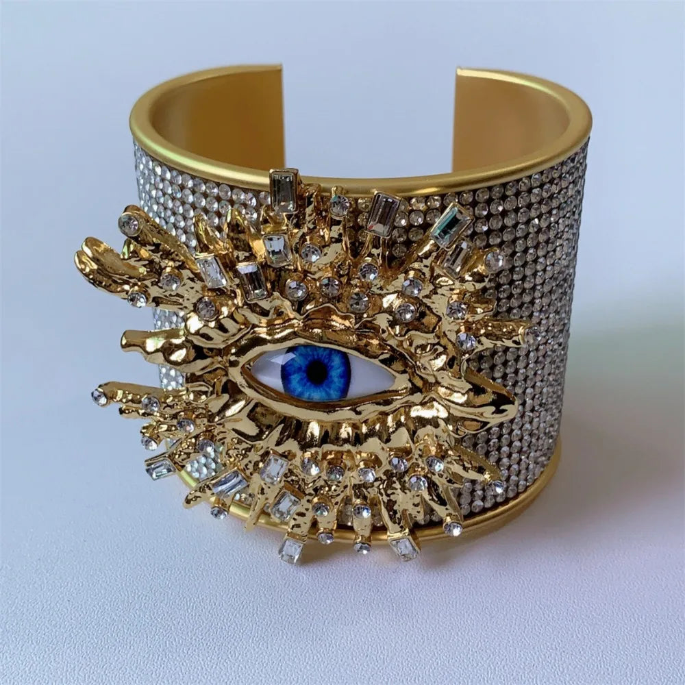 Rhinestone Demon Eye Wide Cuff Bangle – Punk Alloy Bracelet Cuff Bangle PLUSH Style 3 50-52mm WHITE