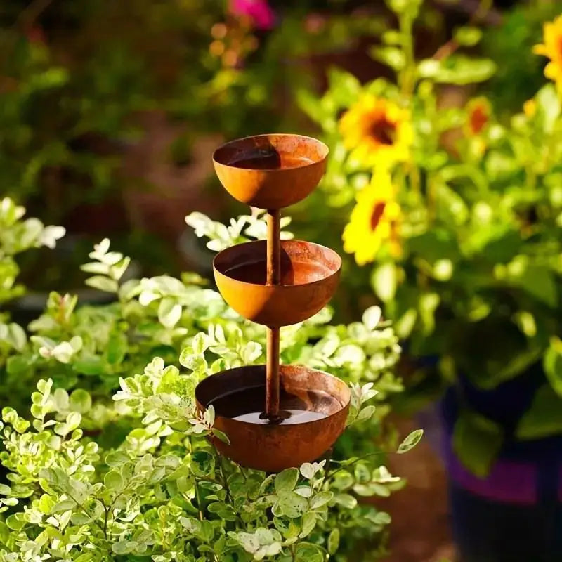 3-Tier Metal Rain Catcher Garden Stake | Decorative Outdoor Ornament Garden Stake Ornament PLUSH