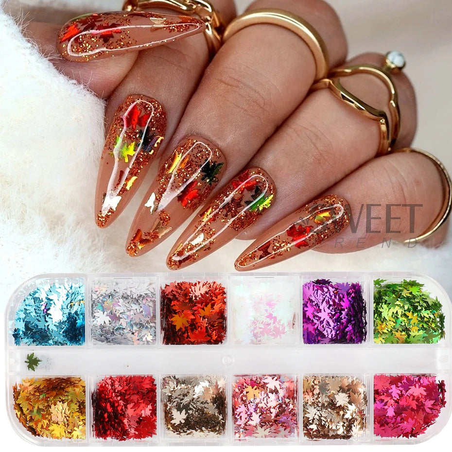 12-Grid Maple Leaf Nail Art Sequins – Fall Glitter Flakes Set Nail Art Sequins PLUSH