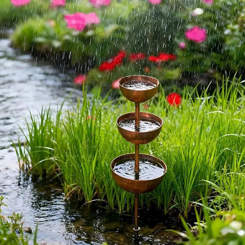 3-Tier Metal Rain Catcher Garden Stake | Decorative Outdoor Ornament Garden Stake Ornament PLUSH