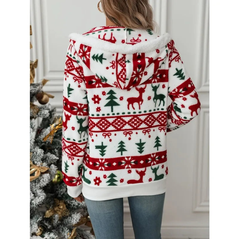 Women's Christmas Plush Lined Hooded Jacket – Reindeer Snowflake Hooded Winter Jacket PLUSH