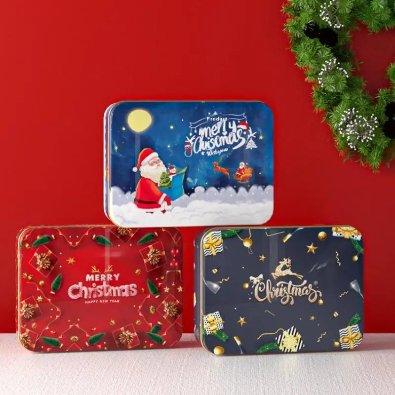 Christmas Tin Can Box – Elk & Santa Candy Cookie Gift Storage Holiday Tin Box PLUSH