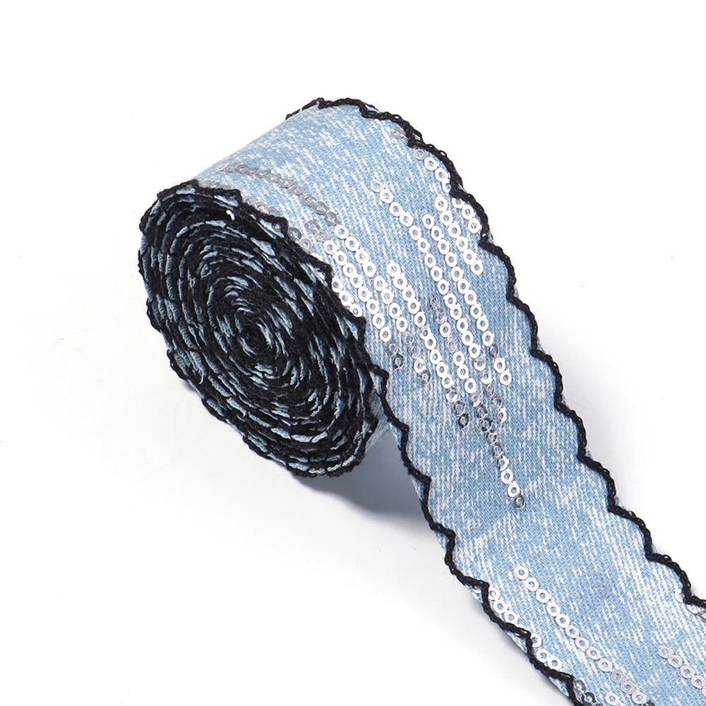 Scalloped Denim Ribbon Star Sequin Wave Trim – DIY Crafts Craft Ribbon Trim PLUSH 40mm 02 x 3yards mm