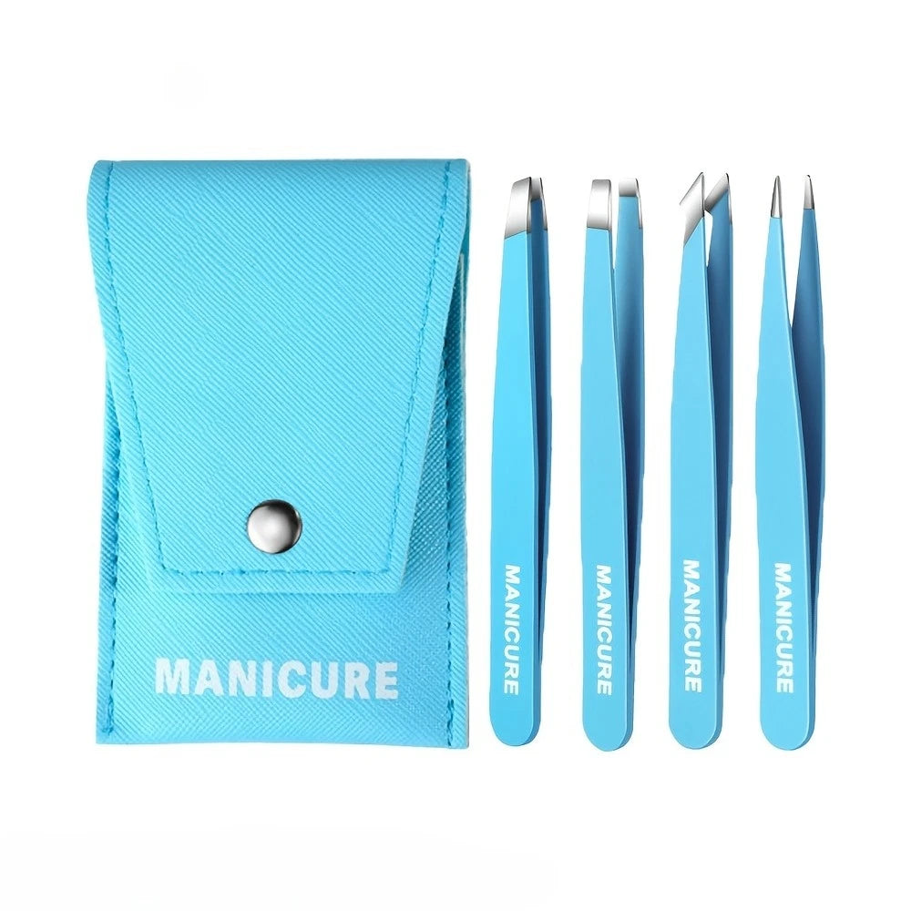 Ouriner Stainless Steel Slant Tweezers Set – Precision Brow Tool Eyebrow Tweezers Set PLUSH Blue 4 Pcs Set