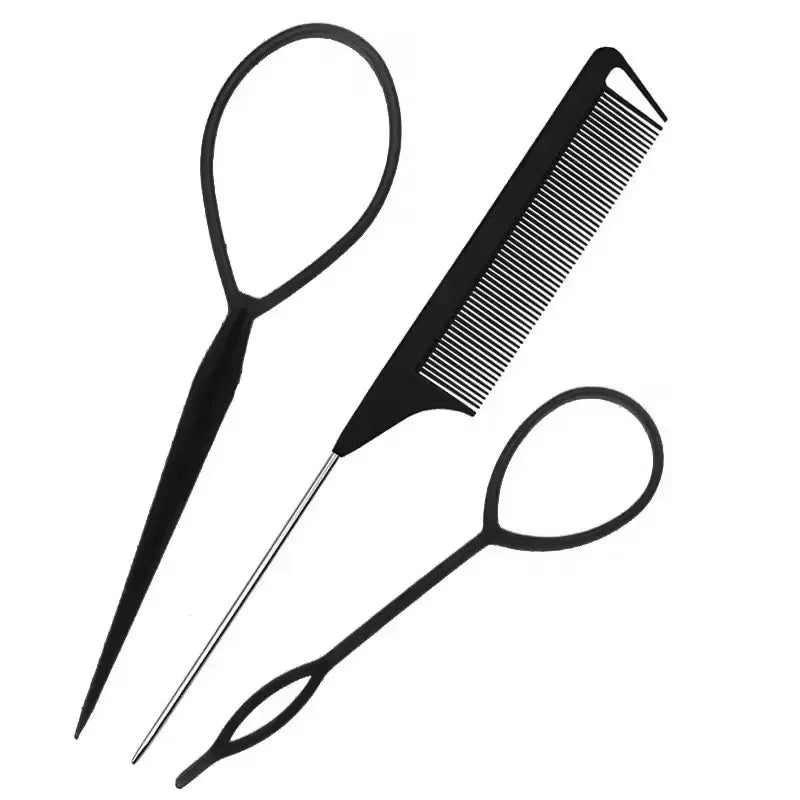 Hair Styling Set – Rubber Bands, Cutter & Rat Tail Comb Kit Hair Styling Kit PLUSH Black 3Pcs Set