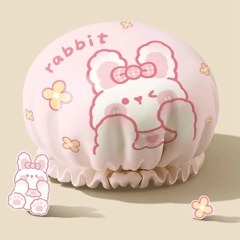 Cute Cartoon Double Layer Reusable Shower Cap – Waterproof Shower Cap PLUSH Pink 1Pc
