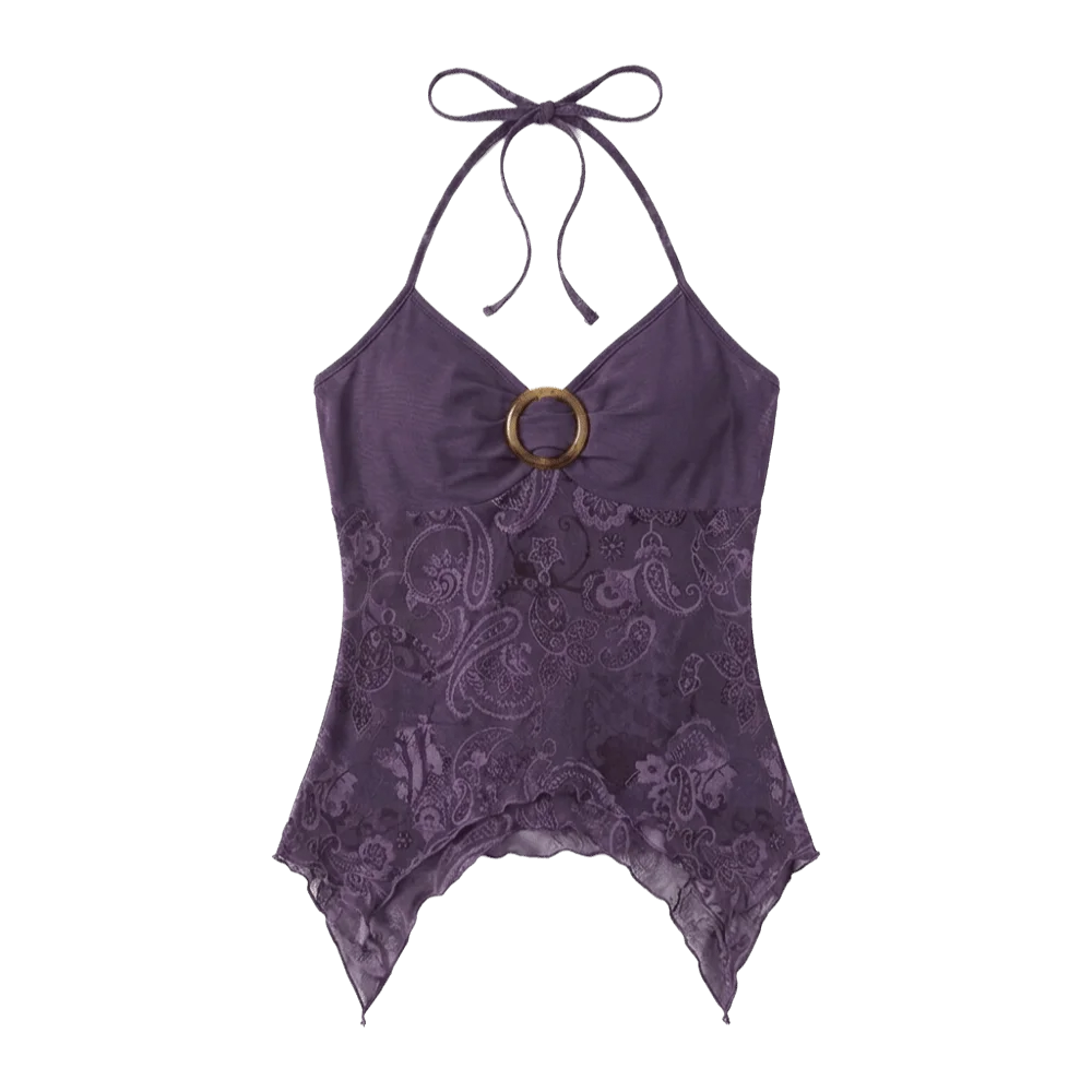 Women's Mesh Halter Crop Top – Slim Fit Lace Patchwork Camisole Halter Crop Top PLUSH Purple XS