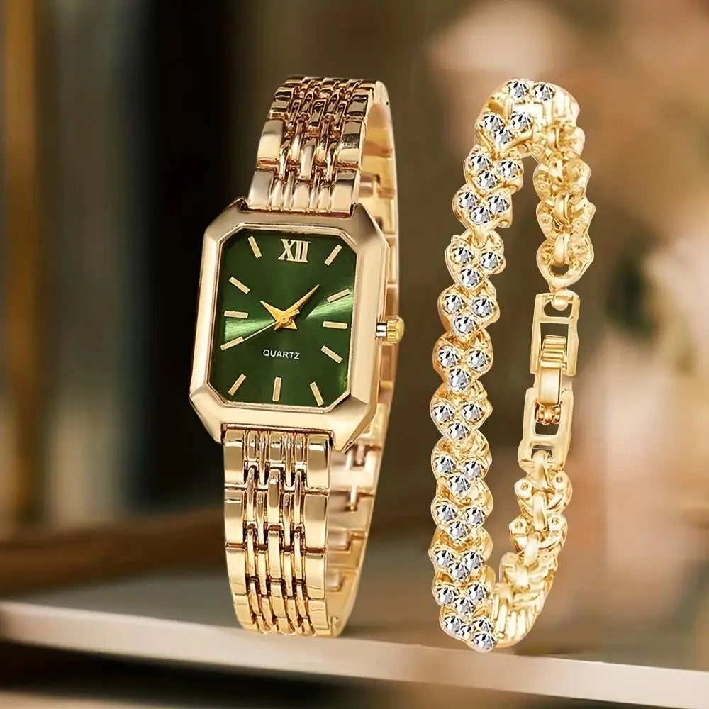 Women's Quartz Watch & Rhinestone Bracelet Set | Rectangle Dial Watch & Bracelet Set PLUSH