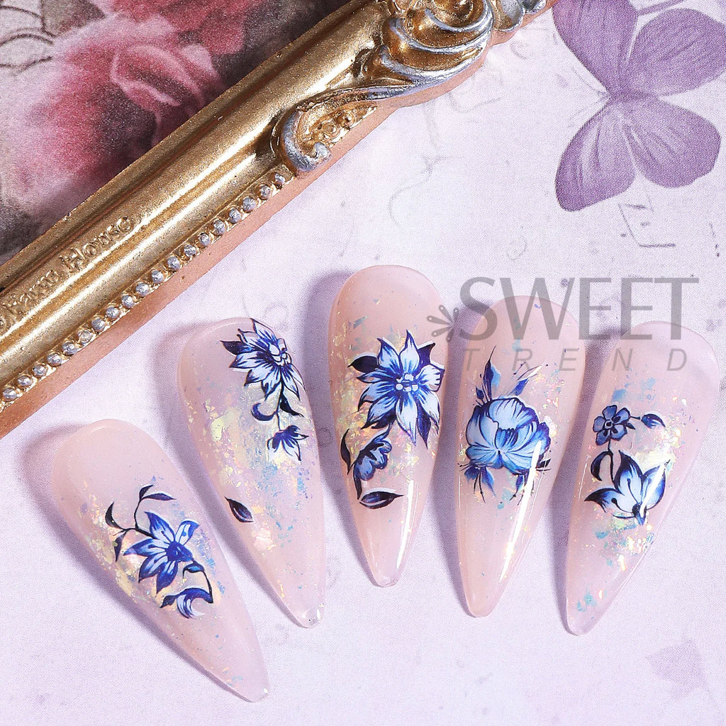 3pcs Blue White Porcelain Nail Stickers – Chinese Floral Decals Nail Art Stickers PLUSH