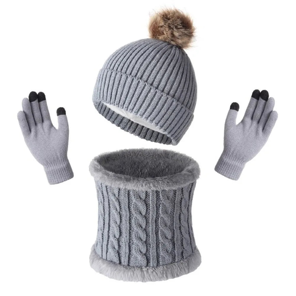 Women's Winter Knit Beanie Hat Scarf & Gloves Set | Pompom Winter Accessory Set PLUSH Grey