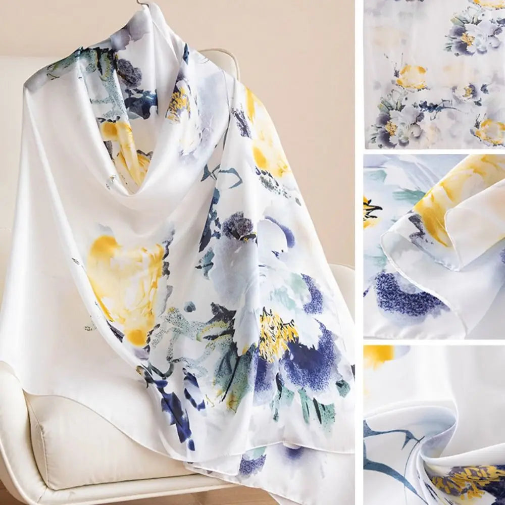 Women's Silk Chiffon Scarf – Lotus Print Shawl Wrap | 180cm Silk Chiffon Scarf PLUSH