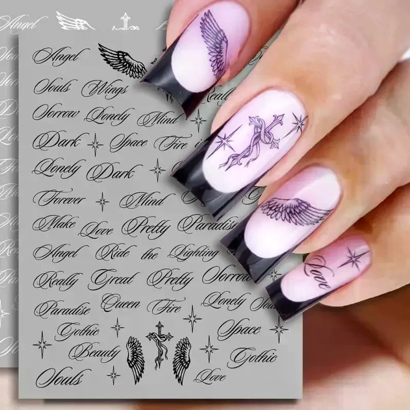 3D Angel Wings Nail Stickers – Black & White Letter Decals Nail Art Stickers PLUSH