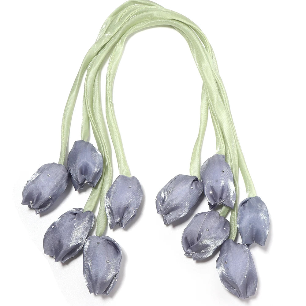 5pcs Satin Tulip Flower Strings Rhinestone DIY Hair & Garment Fabric Flower Trim PLUSH blue gray