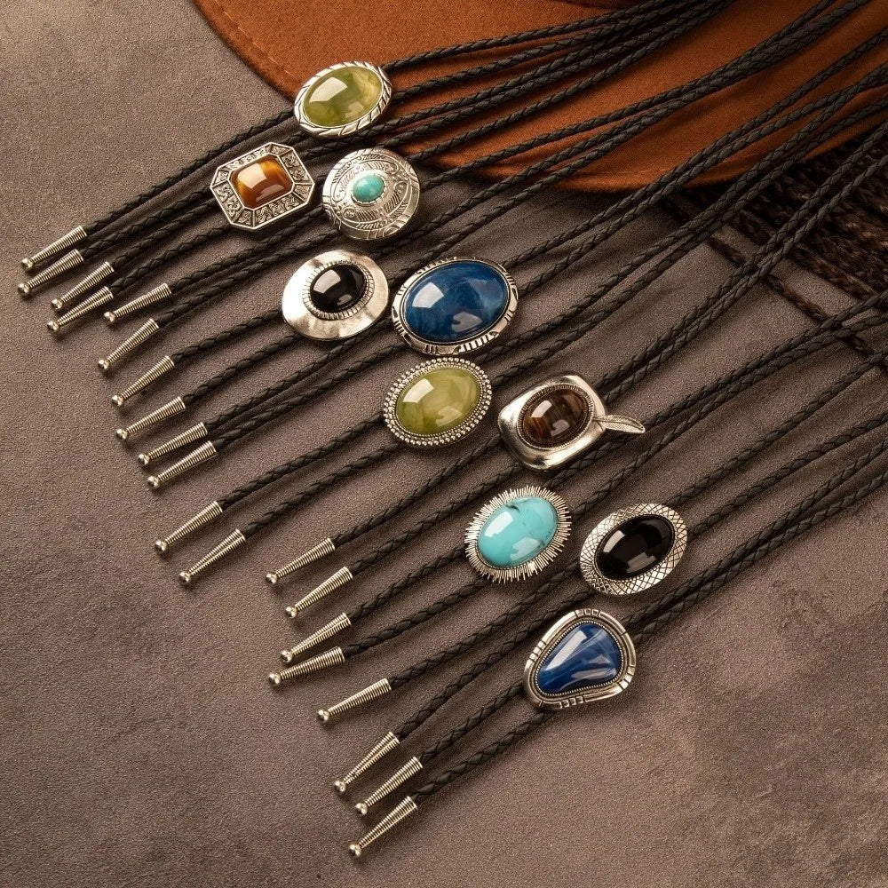 Braided Bolo Tie Necklace – Oval Stone Western Cowboy Style Bolo Tie Necklace PLUSH