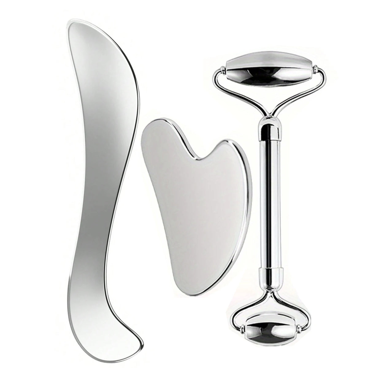 Stainless Steel Facial Roller & Gua Sha Tool Set – Face & Body Facial Massage Tool PLUSH 3PCS
