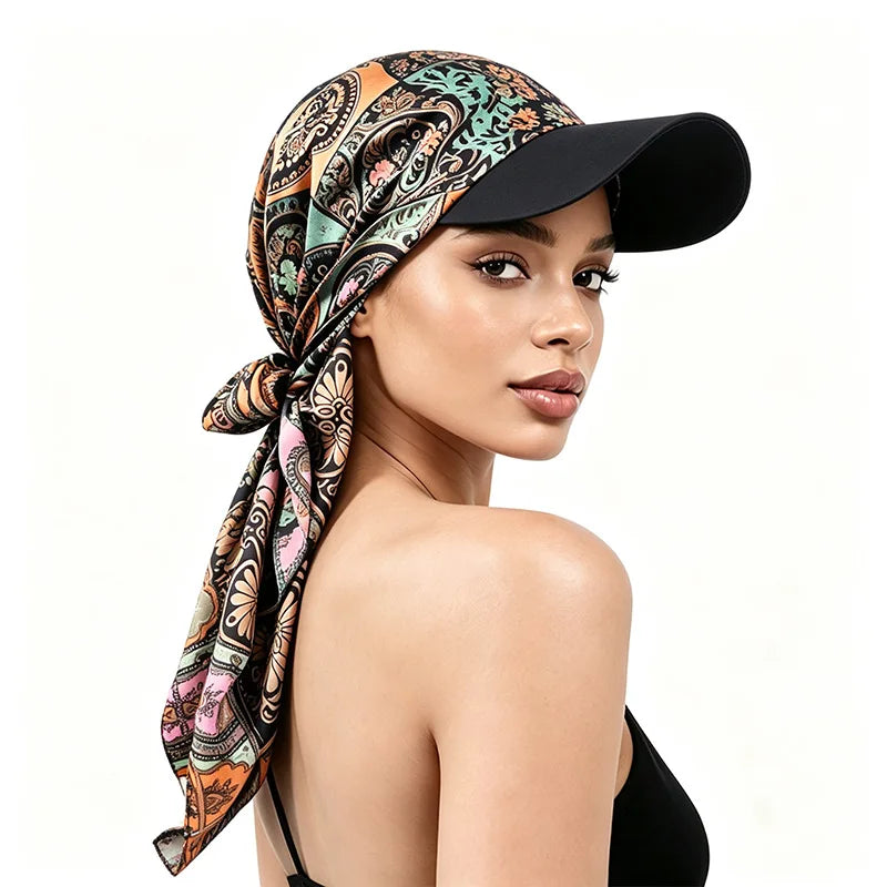 Women's Bandana Visor Hat Self-Tie Headscarf Beach Cap Visor Headscarf Hat PLUSH Black background wit One Size