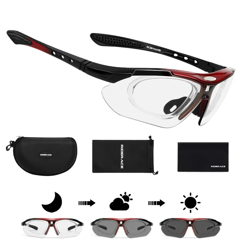RIDERACE Photochromic Cycling Sunglasses MTB Road Bike UV Cycling Sunglasses PLUSH Red