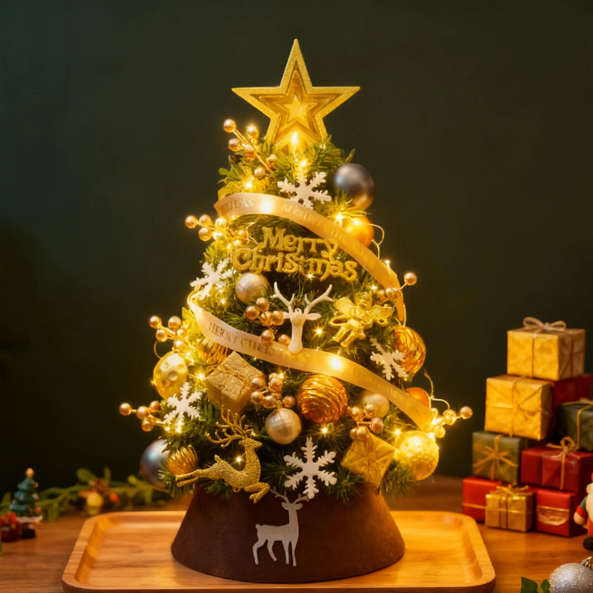 Desktop Mini Christmas Tree with LED Lights & Gold Ornaments Tabletop Christmas Tree PLUSH