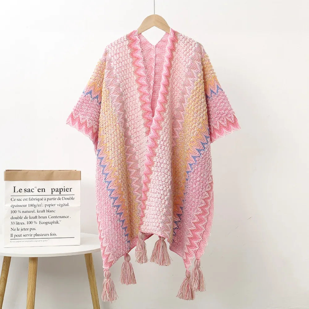Women's Bohemian Knit Tassel Poncho Shawl – Ethnic Cape Wrap Knit Poncho Cape PLUSH Style 8