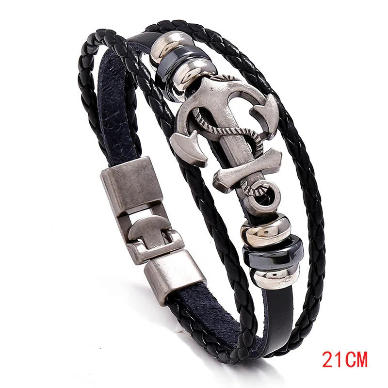 Vintage Anchor Braided Leather Bracelet for Men | CHROMSTICA Leather Charm Bracelet PLUSH Black