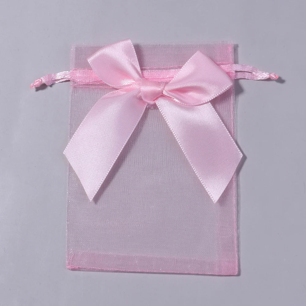5pcs Bow Organza Drawstring Gift Bags – Wedding & Party Organza Gift Bags PLUSH pink 9x12cm