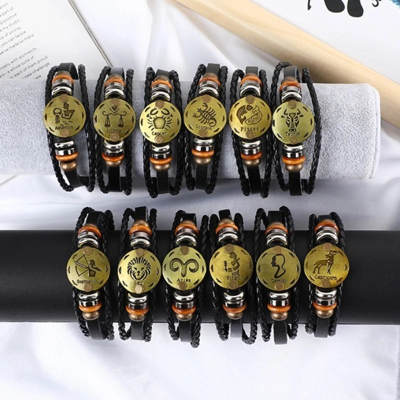 Retro Zodiac Constellation Leather Charm Bracelet – 12 Signs Leather Charm Bracelet PLUSH