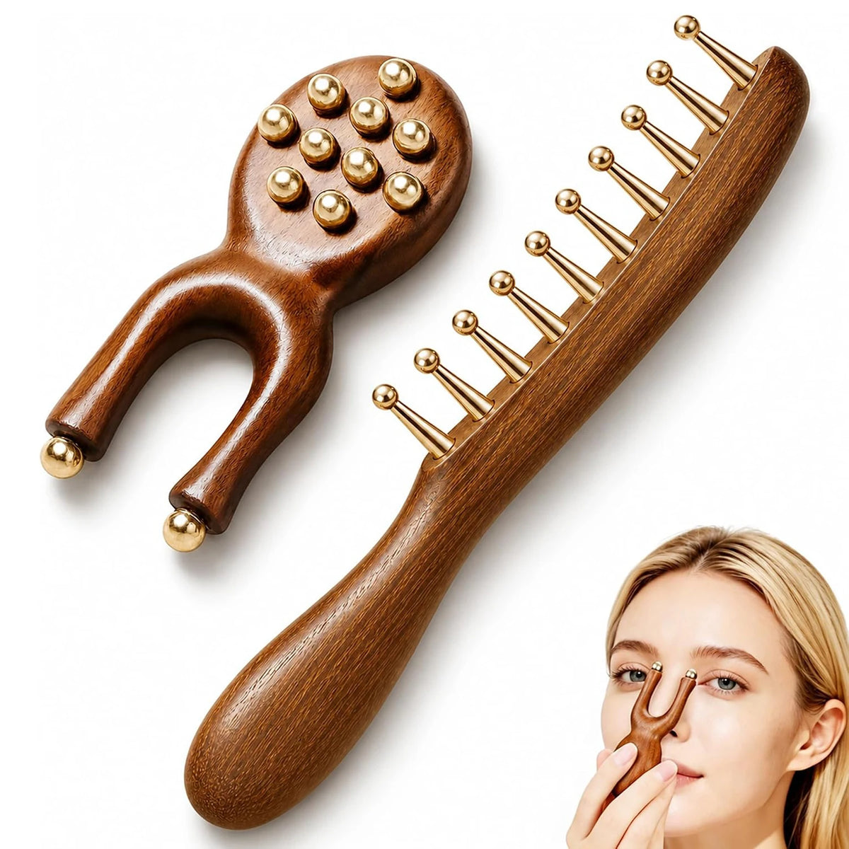 Sandalwood Scalp Massage Comb & Acupressure Face Massager Set Massage & Gua Sha Set PLUSH 2PCS
