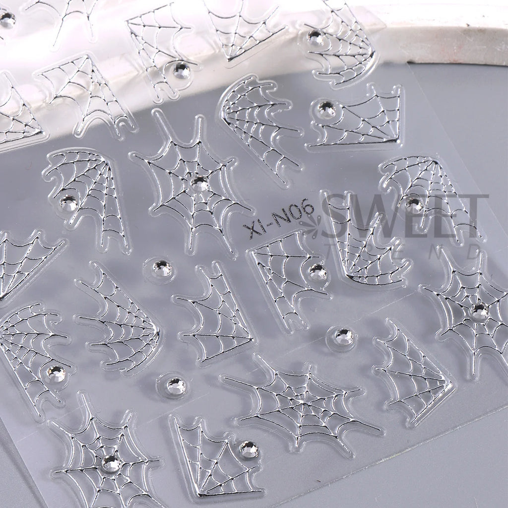 Spider Web Nail Stickers with Rhinestones – Gothic Halloween Decals Nail Art Stickers PLUSH