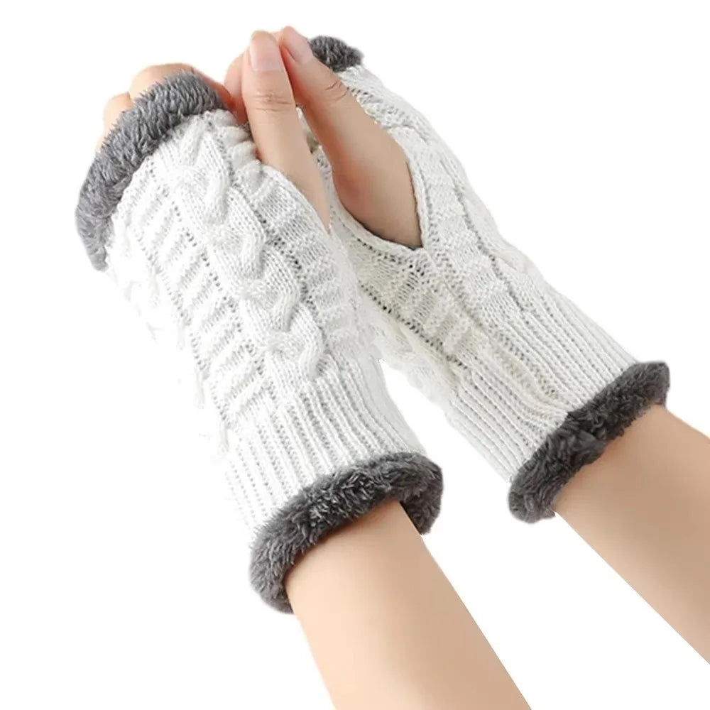 Vintage Knit Fingerless Gloves Faux Fur – Women's Winter Gloves Fingerless Knit Gloves PLUSH White